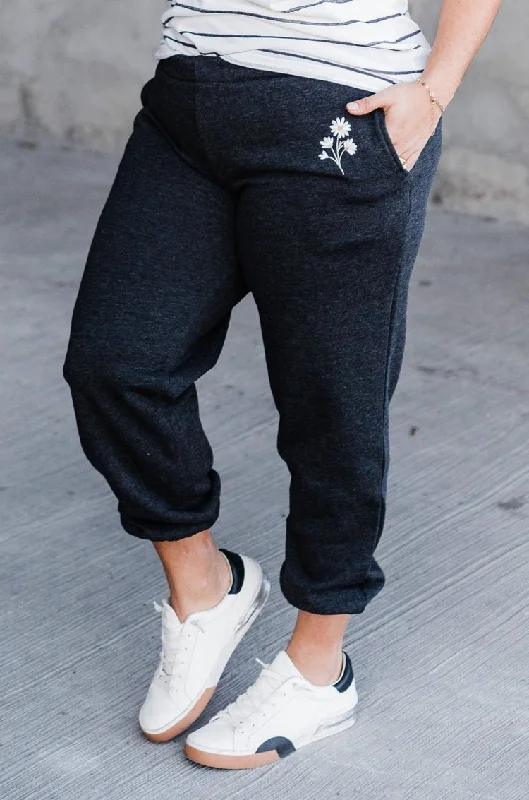 Navy sporty sports pant -Embroidered Daisy Joggers