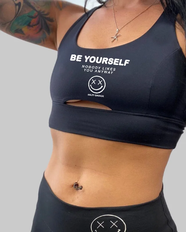 Cobalt Airy Sports Bra for Style -Salty Savage Ladies “Be Yourself” Peekaboo Sports Bra