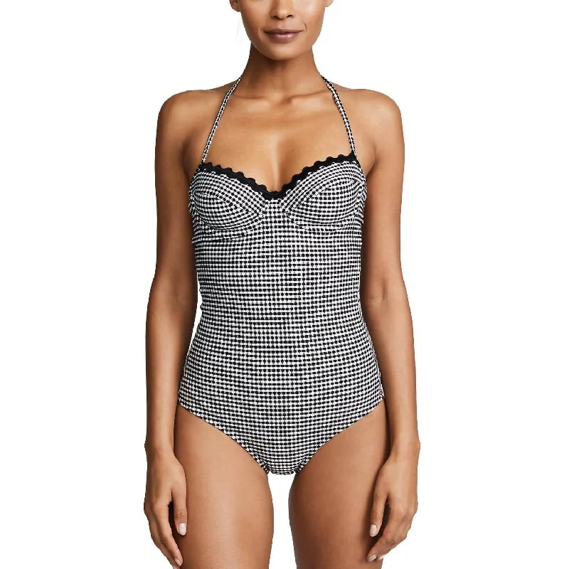 Aqua Summer Sports Bra for Teens -Gingham Jacquard Bra Halter One Piece Swimsuit In Black