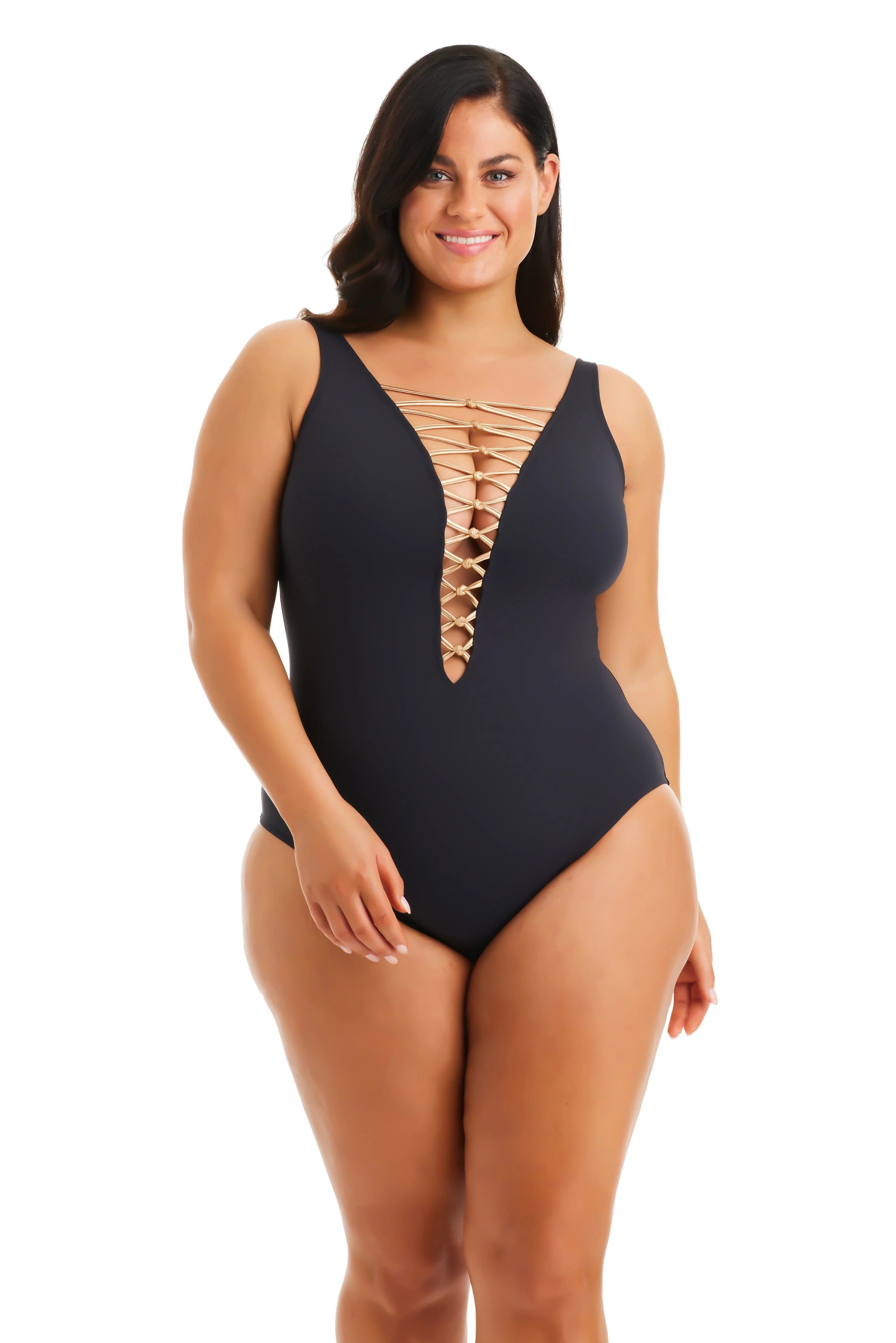 Smooth-flow swimwear -Bleu Rod Beattie Plus Black High Neck Lace Down One Piece