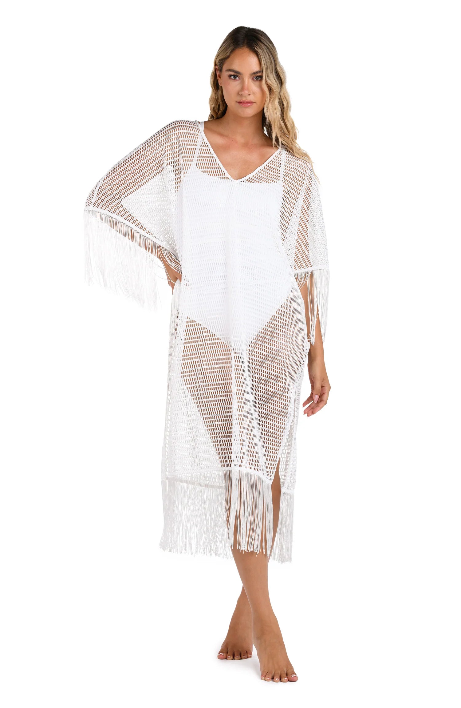 Blue stamp swimwear -La Blanca Fringed Out White Caftan