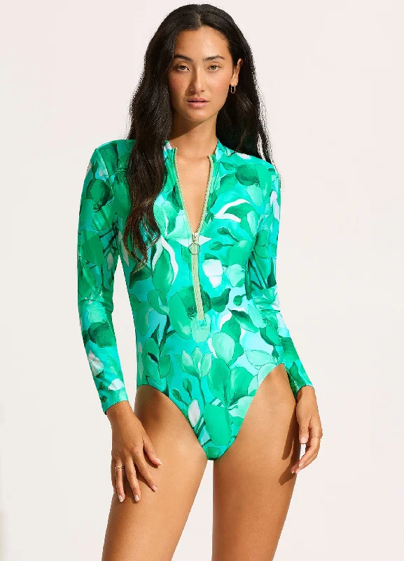 Blue vent swimwear -Secret Garden Zip Front Surf Suit - Jade