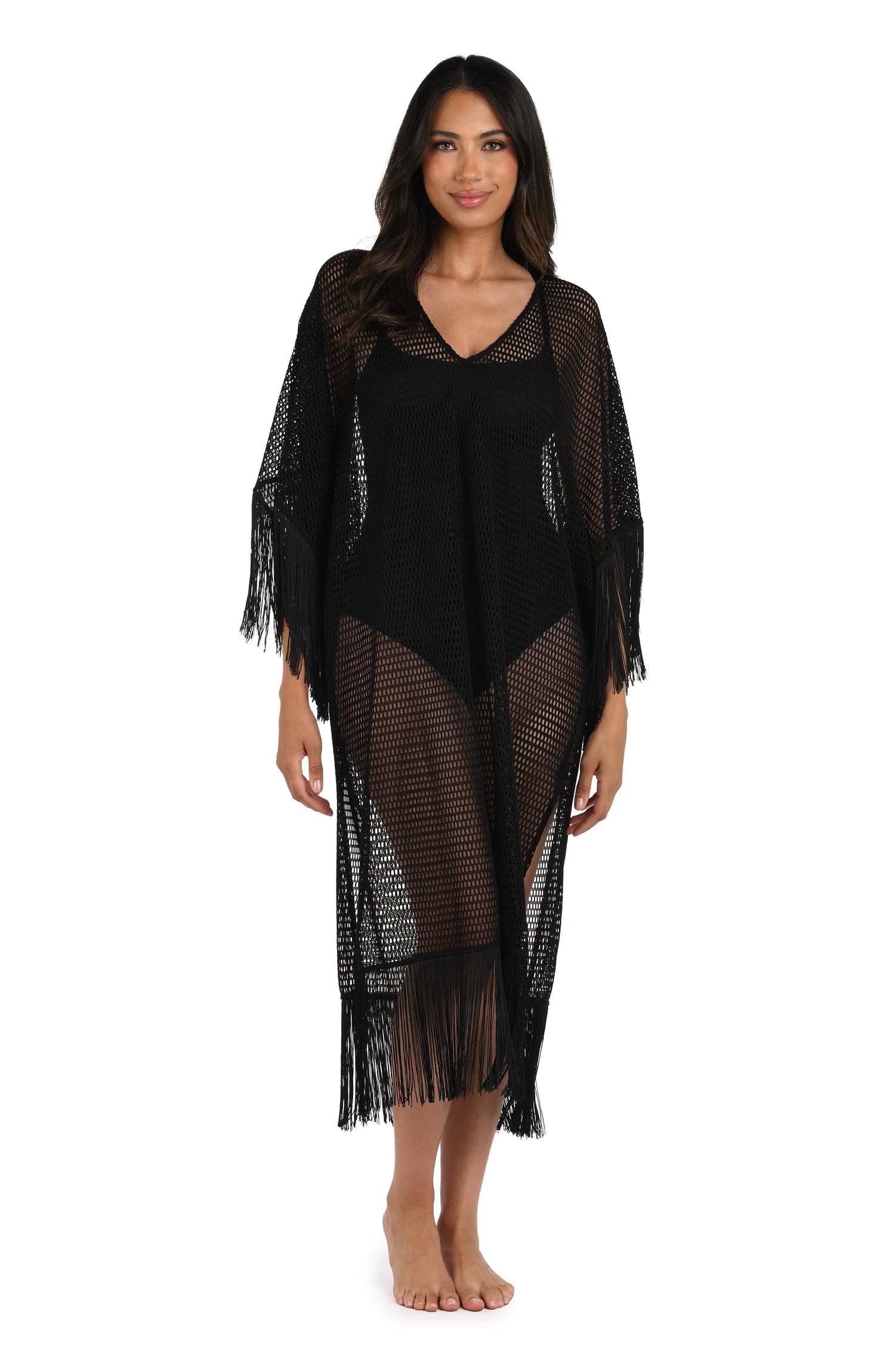 Sport-core swimwear -La Blanca Fringed Out Black Caftan