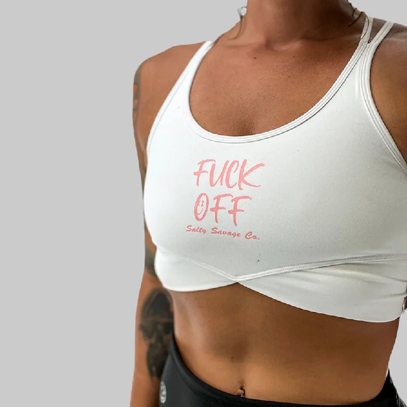 Cross Fit Sports Bra for Design -Salty Savage Ladies "Fuck Off" V Cut Sports Bra | Pink