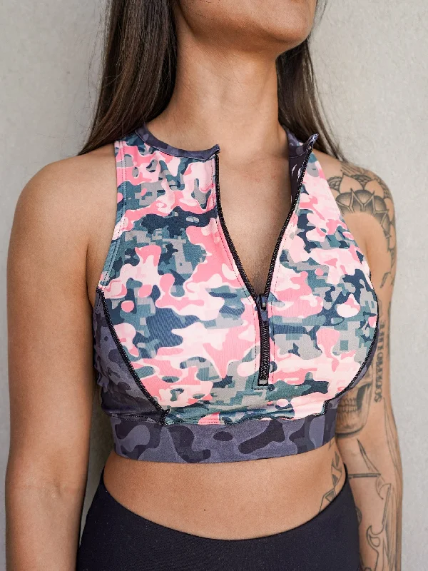 Amber Cozy Sports Bra for Trails -Coral Camo Zip Up Sports Bra