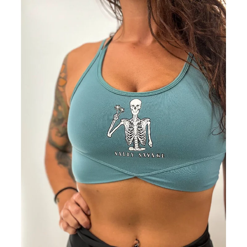 Strong Seam Sports Bra for Durability -Salty Savage Ladies “Peace Skeleton” V Cut Sports Bra | Powder Blue