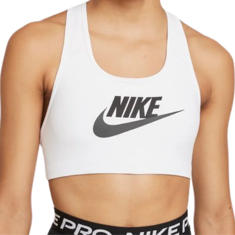 Amber Cozy Sports Bra for Runs -Nike Dri-FIT Swoosh Women's Medium-Support Graphic Sports Bra - White/Black/DK Smoke Grey