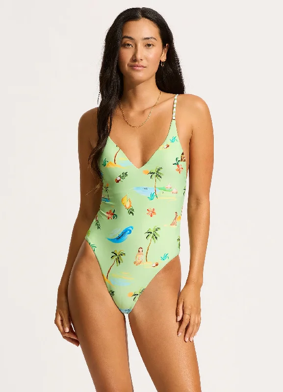 Value-core swimwear -Isla Palm V Neck One Piece - Sage