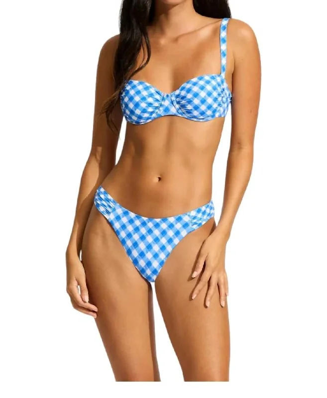 Forest Tall Sports Bra for Length -Ruched Underwire Bra & High Leg Bikini In Blue Check