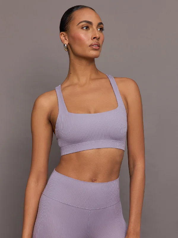 Two-Tone Amber Sports Bra for Contrast -Racerback Bra in Ribbed Melt - Lavender Grey