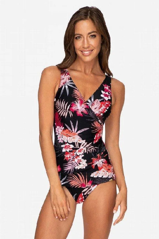 Black sleek swimwear -Jantzen JA84068 Select Wrap Front One Piece Trim Suit