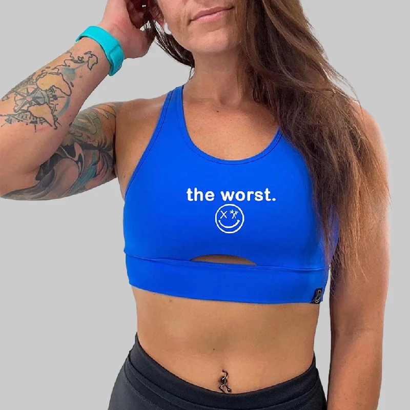 Sapphire Plus Sports Bra for Hiking -Salty Savage Ladies “the worst” Peekaboo Sports Bra | Cocoa Beach Performance