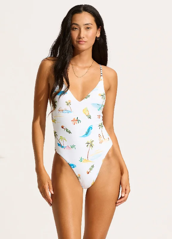 Navy core swimwear -Isla Palm V Neck One Piece - White