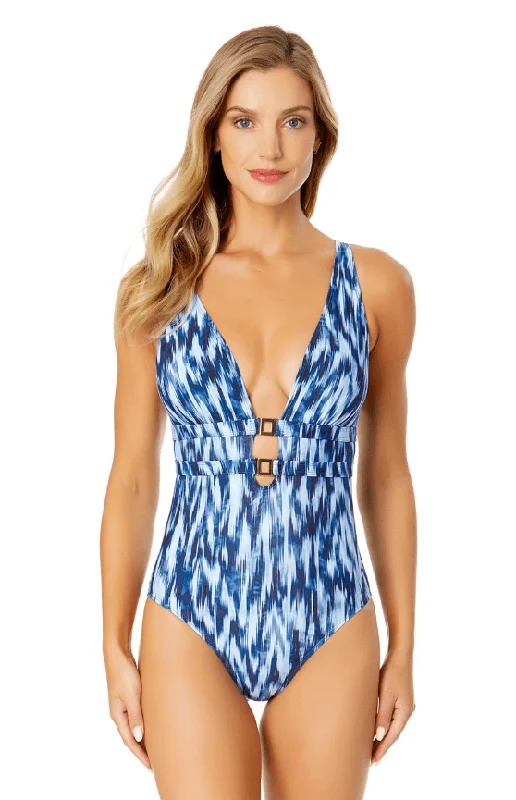 Wave-core swimwear -ANNE COLE TYE DYE IKAT DOUBLE RING PLUNGE FRONT ONE PCE