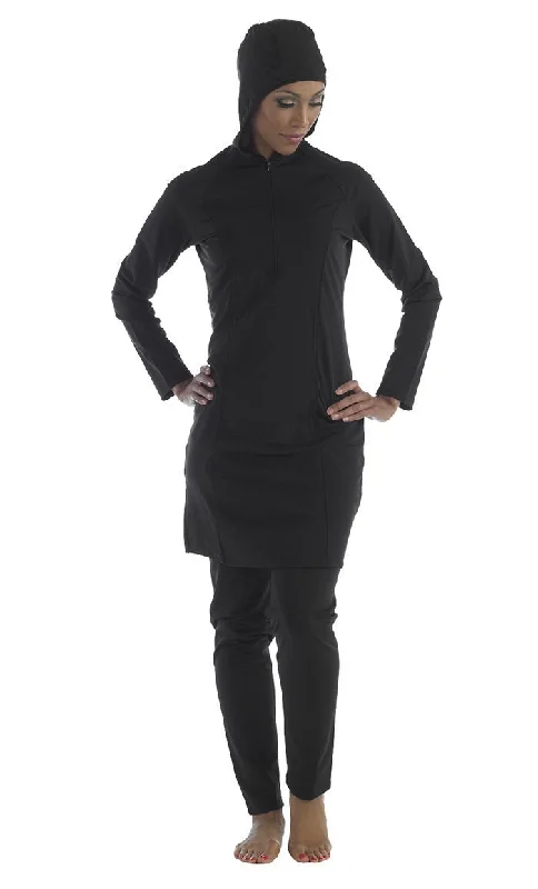 Long-chic swimwear -Black Hooded Swimwear Burkini Two Piece Set