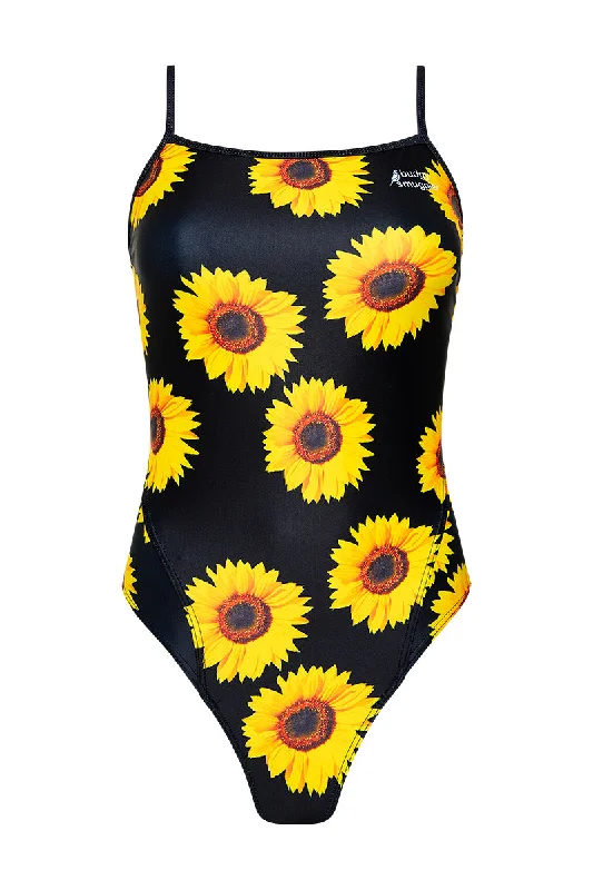 Black men’s swimwear -Thin Strap Racer in Black Sunflower