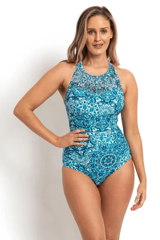 Green sleek swimwear -Jantzen Chantille High Neck Cross Strap One Piece - Denim