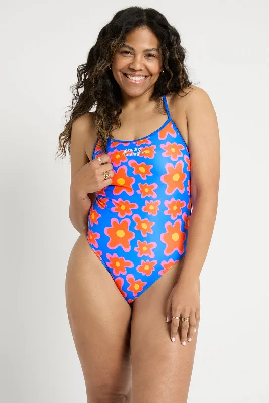 Black sleek swimwear -High Cut Racer in Emma's Flowers