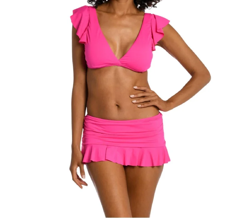 Two-Tone Sports Bra for Contrast -Island Goddess Ruffle Arm Bra Top In Pop Pink