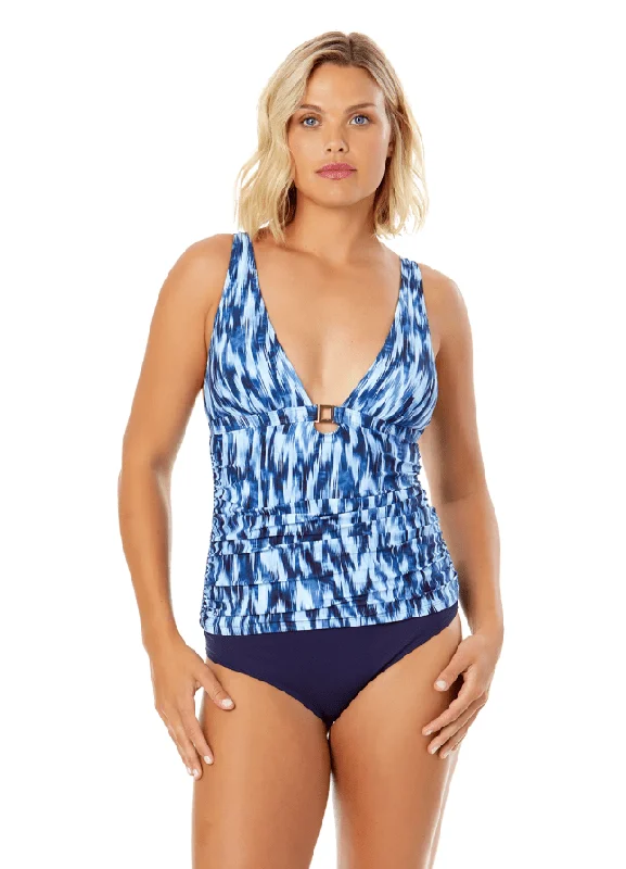 Slate Layer Sports Tank Top for Ease -ANNE COLE TYE DYE IKAT RING PLUNGE TRI TANKINI TOP