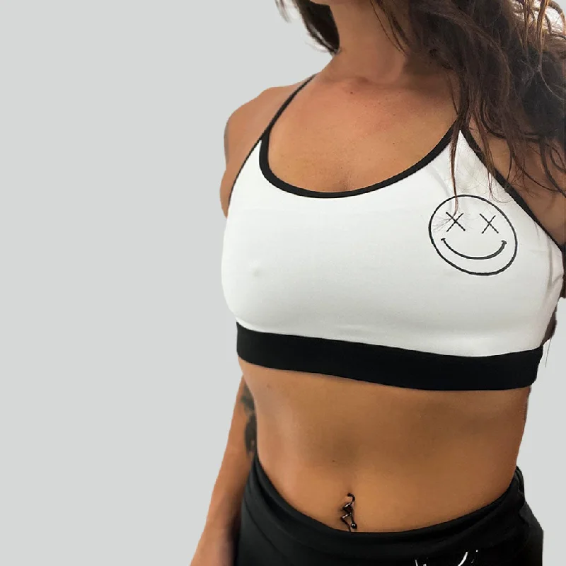 Amber Vent Sports Bra for Light Wear -Salty Savage Ladies “OG Smile” Two Tone Racerback Sports Bra | White