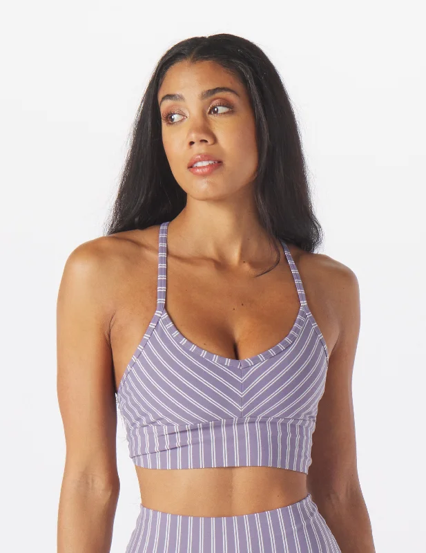 Slate Pop Sports Bra for Fitness -Premier Bra: Amethyst/Oatmilk Stripe