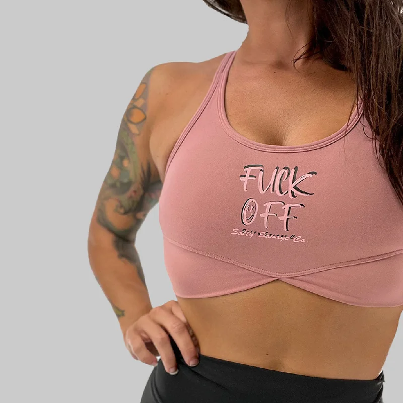 Vent Pro Sports Bra for Breathability -Salty Savage Ladies “Fuck Off” V Cut Sports Bra | Pink