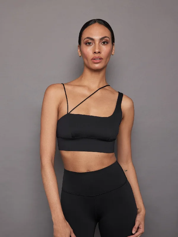 Cobalt Flow Sports Bra for Night -Asymmetrical Strappy Bra in Diamond Compression - Black