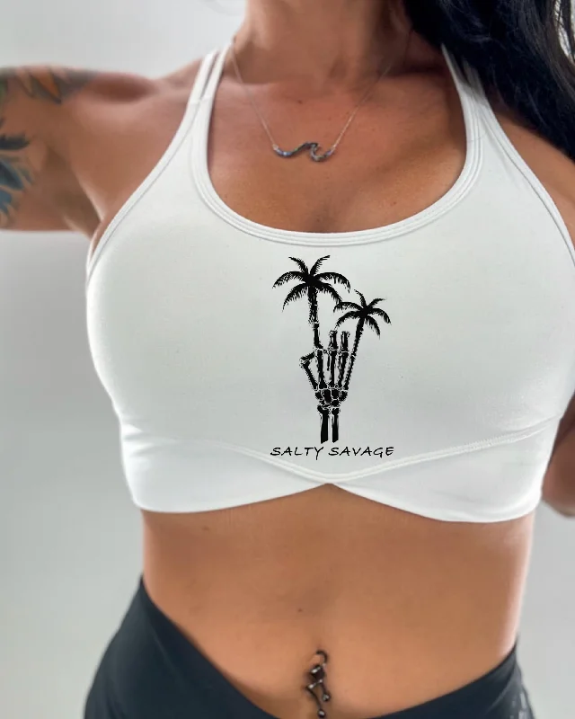 Burgundy Feather Sports Bra for Athletes -Salty Savage Ladies "Rock On” V Cut Sports Bra