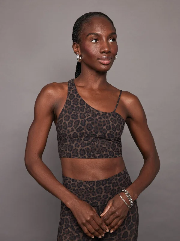 Amber Lock-In Sports Bra for Crossfit -One Shoulder Convertible Bra Top - Leopard Print