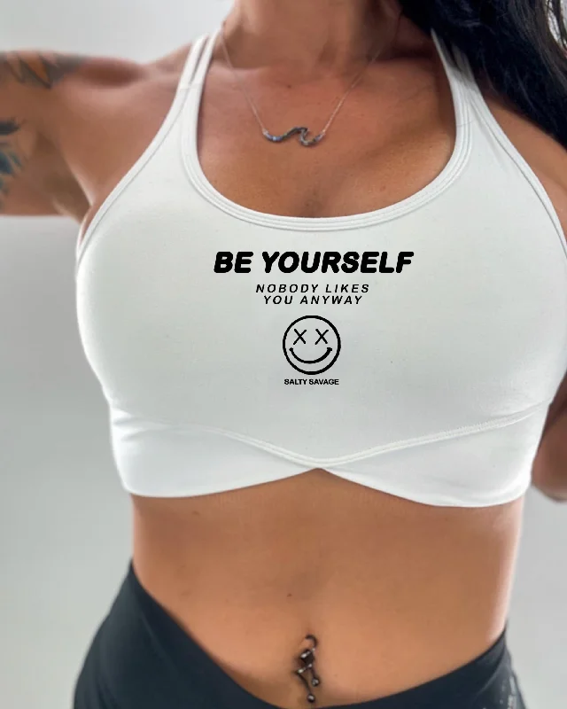 Burgundy Feather Sports Bra for Edge -Salty Savage Ladies "Be Yourself” V Cut Sports Bra