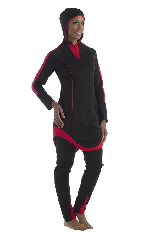 Black flow swimwear -Poly knit Red and black swimwear hood attached