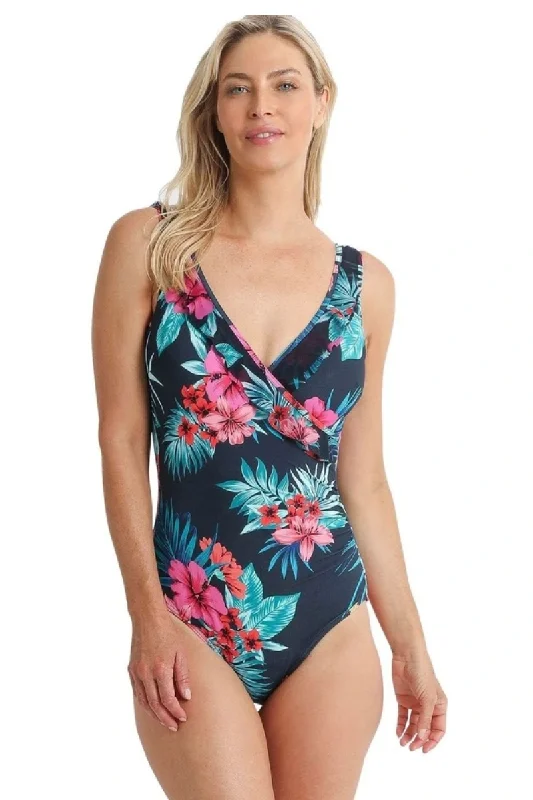 Green chic swimwear -Jantzen East Eden Mesh Frill Cross Front One Piece Ink