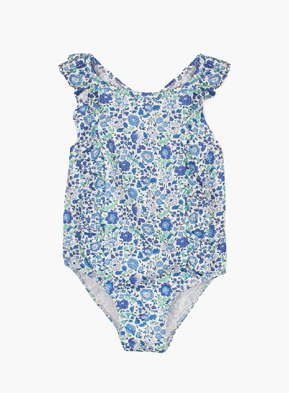 Plus-size chic swimwear -Frill Swimsuit in Blue Danjo