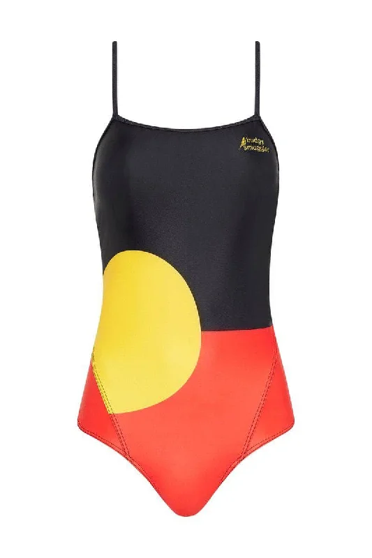 Mesh-chic swimwear -Thin Strap Racer in Aboriginal Flag