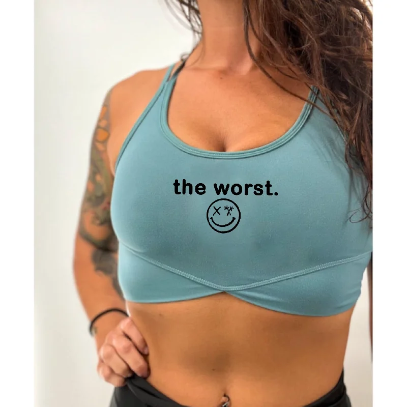 Stretch Pro Sports Bra for Pilates -Salty Savage Ladies “the worst” V Cut Sports Bra | Powder Blue