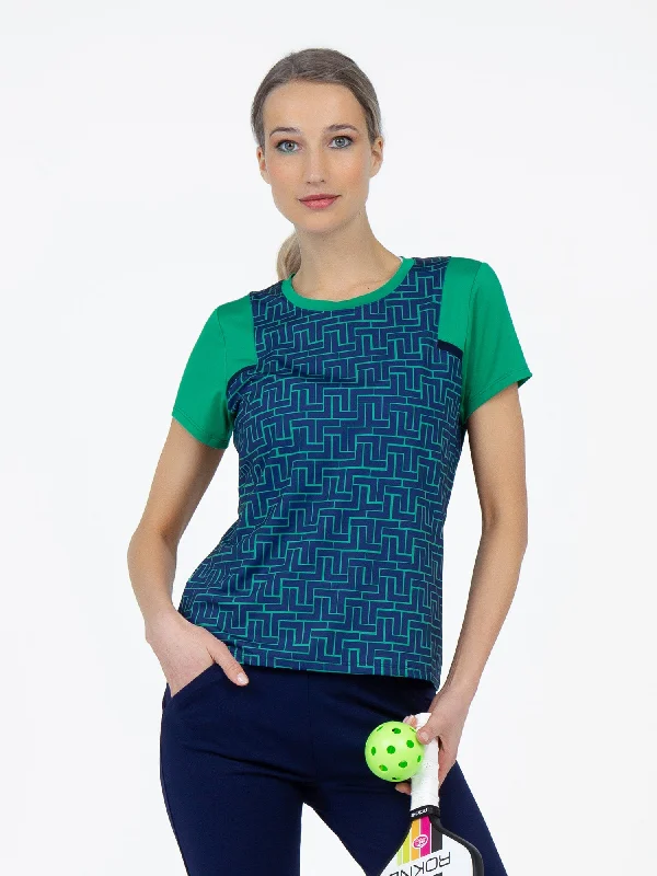 Aqua Amber Sports Short for Air -Colorblock Active Sofia Short Sleeve Crew Neck	- Ink Tessel/Ivy