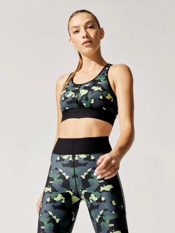 Amber Cozy Sports Bra for Trails -Battlefield Camo Terrain Bra - Black Deep Lake Print-Black