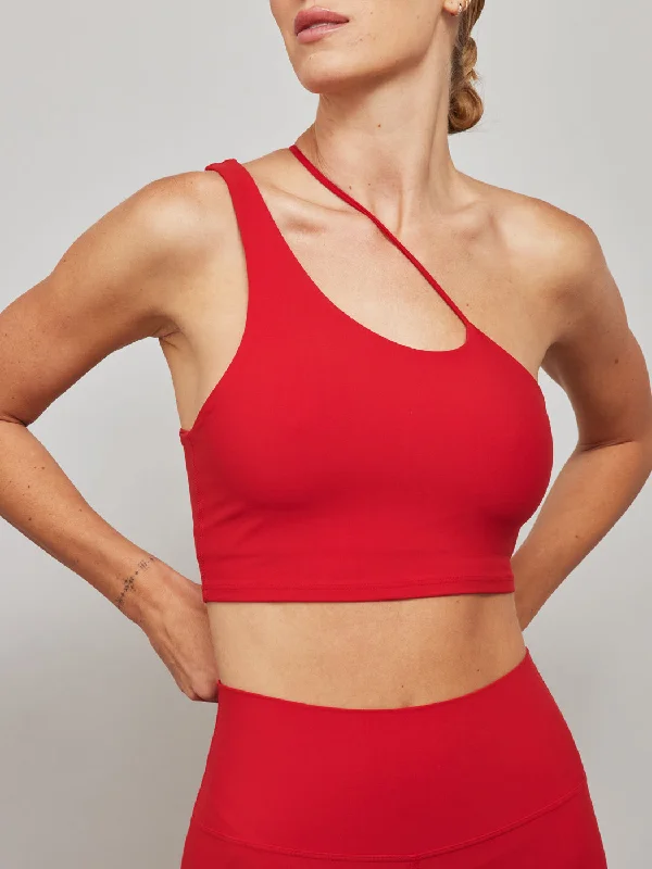 Burgundy Feather Sports Bra for Edge -One Shoulder Convertible Bra Top in Melt - Haute Red