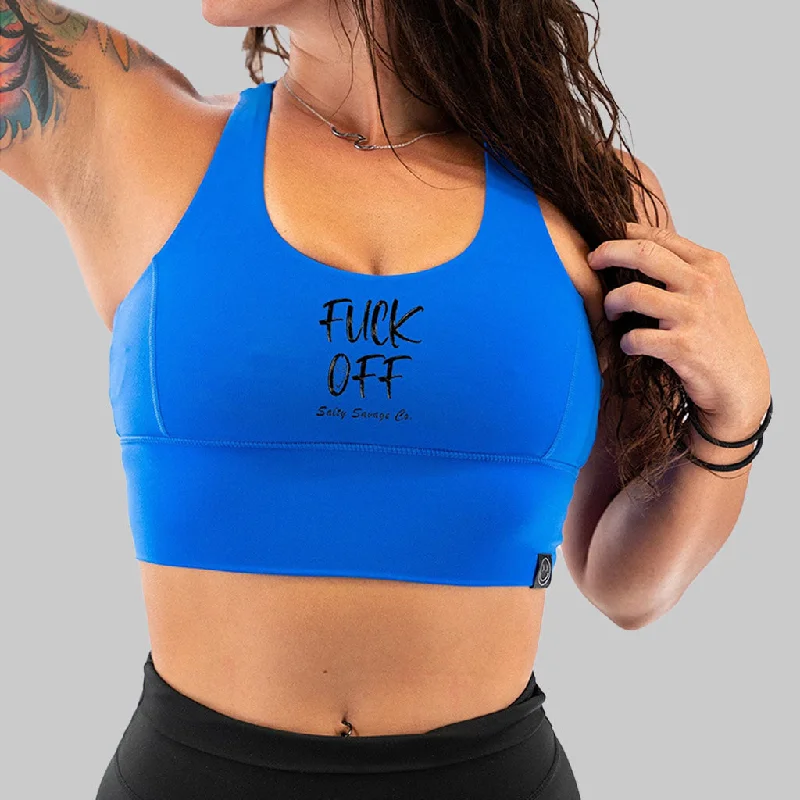 Sapphire Stretch Sports Bra for Stretch -Salty Savage Ladies "Fuck Off" X Back Sports Bra | Cocoa Beach Performance