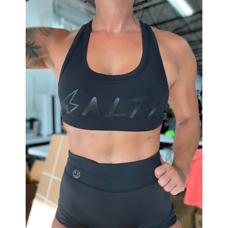 Two-Tone Sports Bra for Contrast -Salty Savage Ladies “SALTY” Bold Basic Racerback Sports Bra | Black on Black