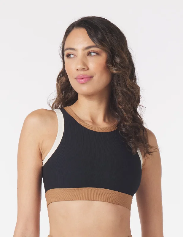 Amber Vent Sports Bra for Trails -Socialite Bra: Black Oatmilk/Almond Contrast