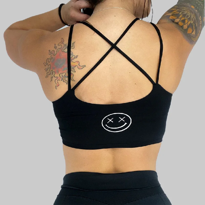 Rose Motion Sports Bra for Dryness -Salty Savage Ladies “OG Smile” Cross Back Longline Sports Bra | Black