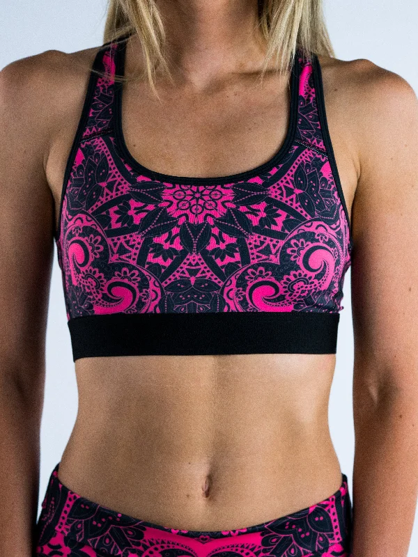 Sapphire Shock Sports Bra for Hiking -Electro Pink Mandala Sports Bra