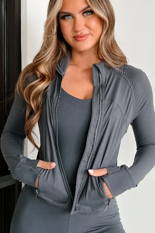 Burgundy Dash Sports Top for Yoga -Catch My Breath Zip-Up Crop Jacket (Charcoal)