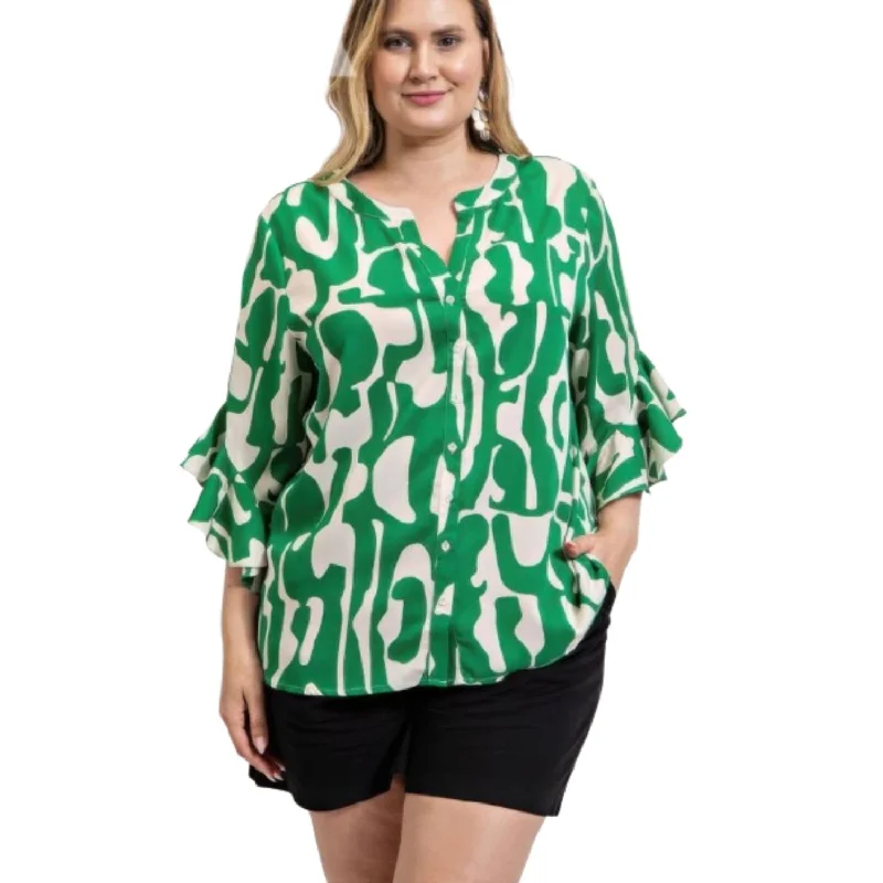 Beat Fit Sports Top for Cardio -Geometric print ruffled bell sleeve woven top