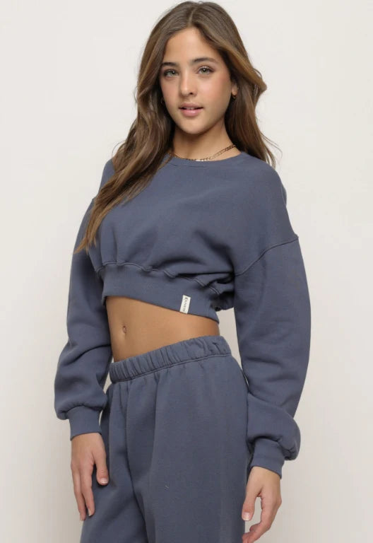 City Layer Sports Top for Urban -Ombre Blue Cotton Fleece Cropped Crewneck