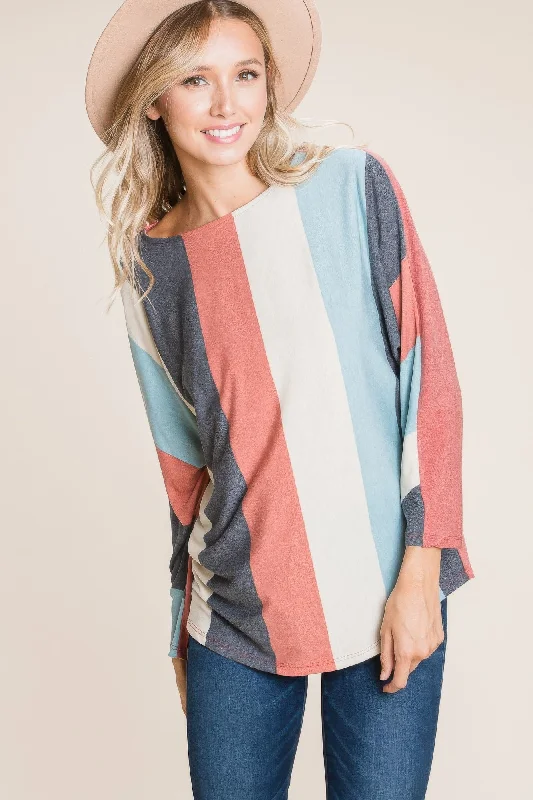 Lilac Soft Sports Top for Light -Striped Dolman Sleeves Top